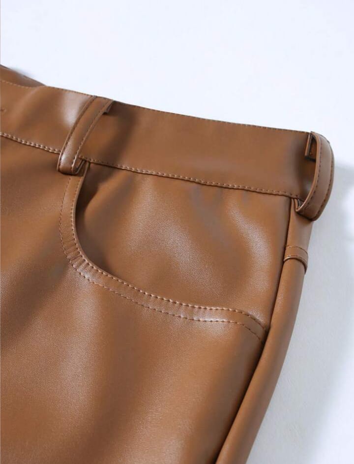 Men's Versatile Solid Color Casual Trousers Pants Brown Leather Pants